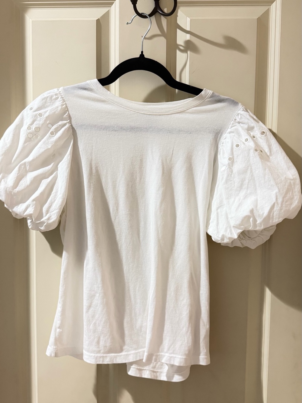 White Puff Sleeve Cotton Tee with Eyelet Detail